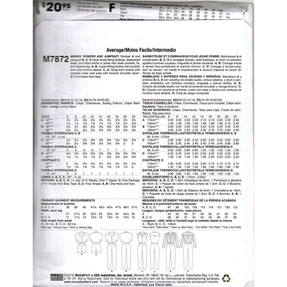 McCall's M7872 Misses 14 to 22 Jumpsuit and Rompers Uncut Sewing Pattern - Picture 2 of 2